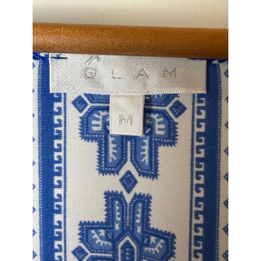 Glam Tunic Dress Women Medium Blue White NWT Geometric Raglan V Neck Mini Boho - Picture 8 of 11